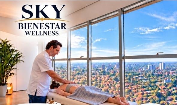 Imagen promocional de SKY: sesión de masaje junto a grandes ventanales con vistas sobre Asunción